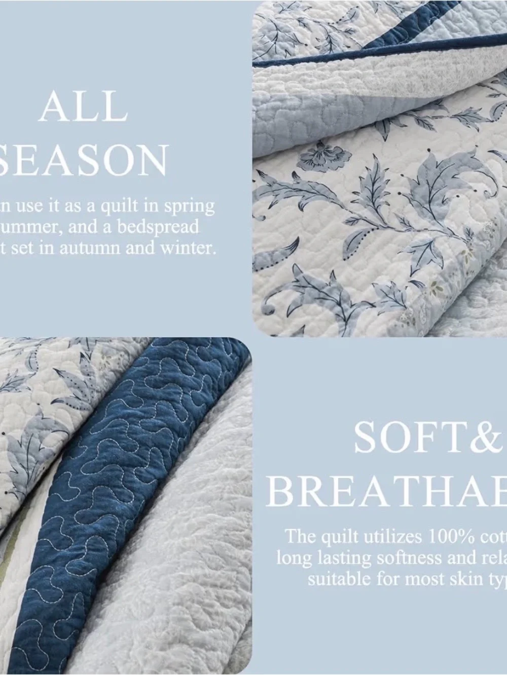 Reversible Floral and Stripe Quilt Set in Blue and White